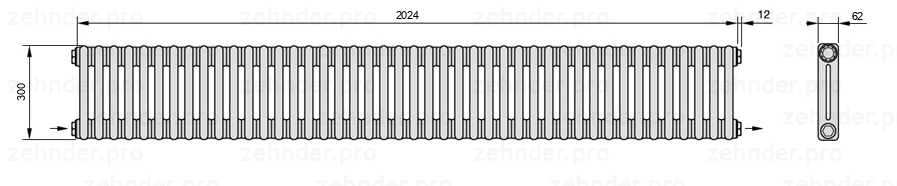 Схема (чертеж) Радиатор Zehnder Charleston 2030/44 №2670 Белый глянцевый RAL 9016